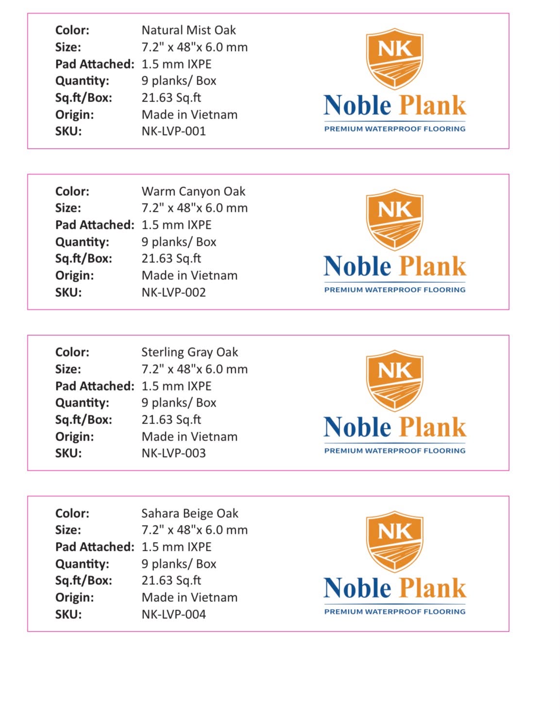 NK Noble Plank product specification labels showing color, size, origin